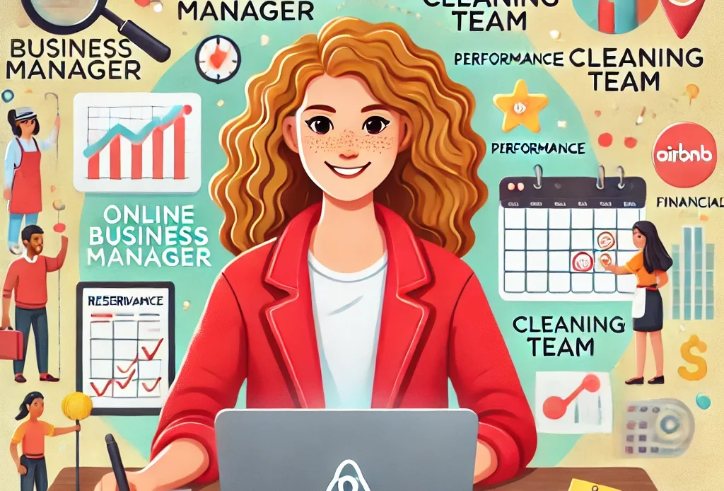 Illustration d'une Online Business Manager (OBM) souriante, aux cheveux longs et bouclés, portant une veste rouge, entourée d'éléments représentant ses responsabilités : gestion des réservations, coordination des équipes de nettoyage, analyse de performance et documents financiers, avec les logos de Booking, Airbnb et Pricelabs.