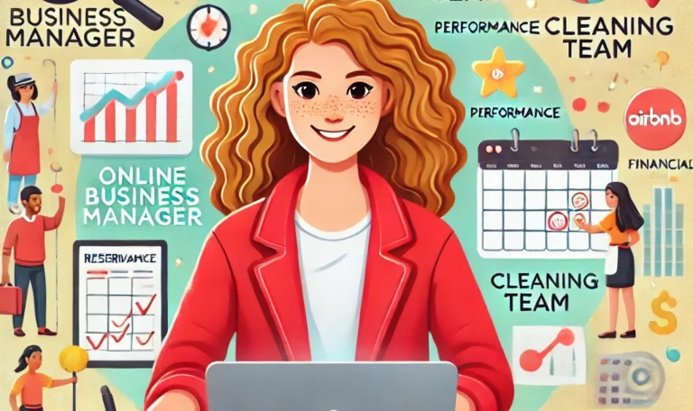 Illustration d'une Online Business Manager (OBM) souriante, aux cheveux longs et bouclés, portant une veste rouge, entourée d'éléments représentant ses responsabilités : gestion des réservations, coordination des équipes de nettoyage, analyse de performance et documents financiers, avec les logos de Booking, Airbnb et Pricelabs.