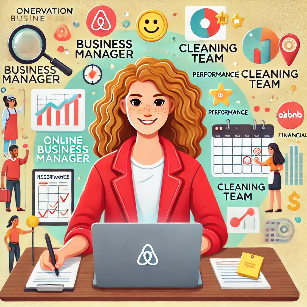 Illustration d'une Online Business Manager (OBM) souriante, aux cheveux longs et bouclés, portant une veste rouge, entourée d'éléments représentant ses responsabilités : gestion des réservations, coordination des équipes de nettoyage, analyse de performance et documents financiers, avec les logos de Booking, Airbnb et Pricelabs.